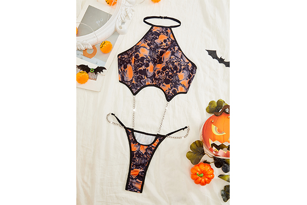 Halloween Skull Print Hollow Sexy Lingerie Bodysuit 2415