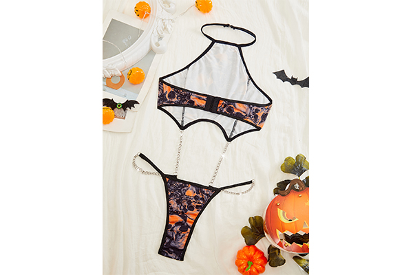 Halloween Skull Print Hollow Sexy Lingerie Bodysuit 2415