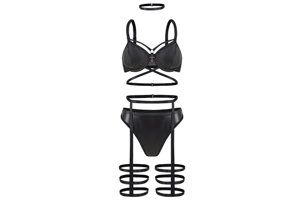 Black PU Four-Piece Sexy Necklace Set Underwear Steel Ring Gather 2024