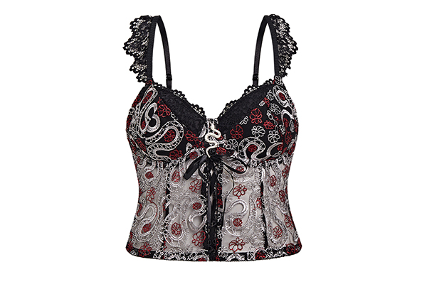 Vintage Snake Print Embroidered Mesh Lace-Up Camisole 1181