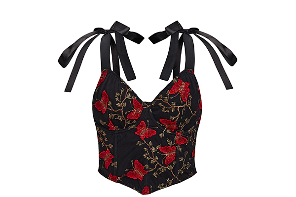 How does the elastic fabric content of the lace butterfly v-neck camisole bustier top affect the fit?